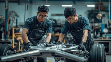 Two young mechanics collaborating on a vehicle assembly in a workshop. photo