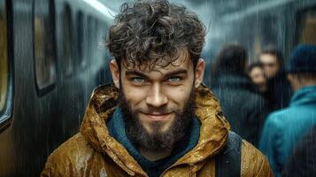 A smiling man with a beard stands in a rainy subway atmosphere. photo