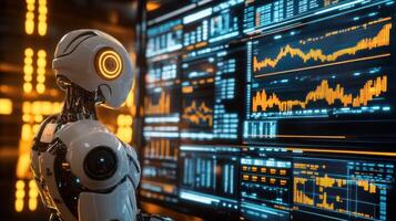 A futuristic robot analyzing data on digital screens. photo