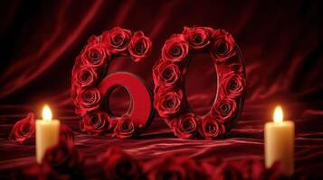 A romantic candlelit display featuring the number 60 adorned with roses. photo