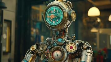 A whimsical steampunk robot adorned with clocks and intricate gears. photo