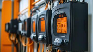 Close-up of digital gauges in an industrial setting displaying data. photo