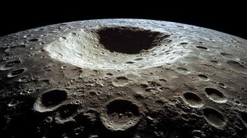 Detailed view of a moon crater with a dramatic lunar landscape. photo