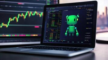 A sleek laptop displaying a trading interface with a digital robot. photo