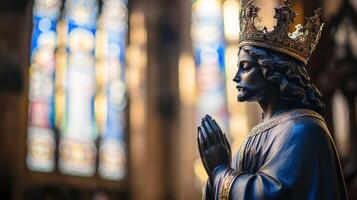 A serene statue of a king in prayer amidst beautiful stained glass. photo