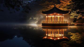 A beautifully lit pavilion reflecting on serene waters at night. photo