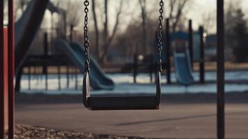 An empty swing in a quiet playground hinting at childhood nostalgia. photo