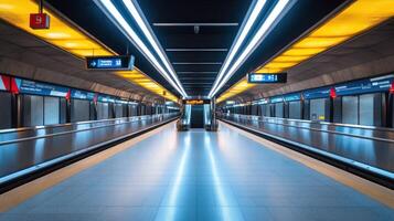 A modern subway station with sleek design and bright lighting. photo