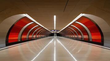 A modern, empty subway corridor with striking red and sleek lines. photo