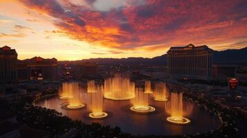Dramatic sunset over Vegas fountains creating a vibrant, colorful scene. photo
