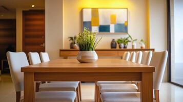 A modern dining room with a simple wooden table and elegant decor. photo