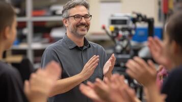 A smiling man is applauded in a classroom setting, showcasing engagement. photo