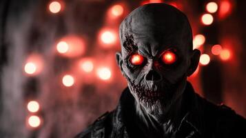 A menacing zombie figure with glowing red eyes against a dark backdrop. photo