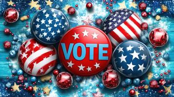 Patriotic buttons with a festive backdrop, emphasizing the importance of voting. photo