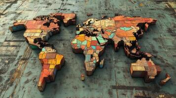 A colorful world map made of container shapes on a textured surface. photo