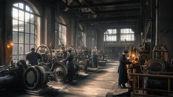 A vintage factory showcasing intricate machinery and skilled workers. photo