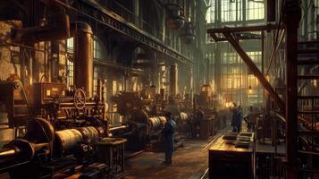 A vintage industrial workshop filled with machinery and workers. photo