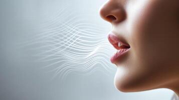 A close-up of a woman's profile exhaling with flowing sound waves. photo