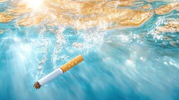 A cigarette submerged in water, symbolizing pollution and environmental impact. photo