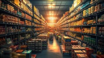 A well-organized grocery store aisle filled with various food products. photo
