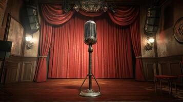 A vintage microphone stands alone on a theater stage, ready for performance. photo