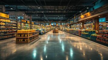 A vibrant grocery store showcasing neatly arranged product displays. photo
