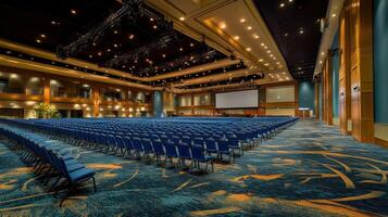 A spacious conference room with empty blue chairs arranged in rows. photo