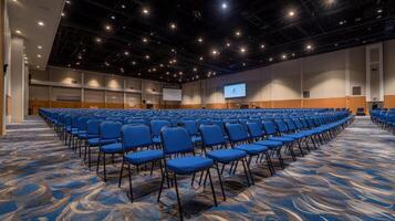 A spacious auditorium with rows of empty blue chairs and bright lighting. photo