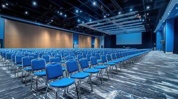 Modern auditorium with rows of blue chairs ready for an event. photo