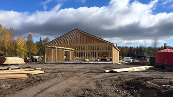 A construction site with a wooden frame building under a cloudy sky. photo