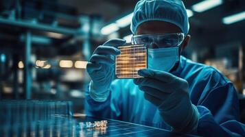A scientist examines a high-tech glass slide in a modern lab. photo