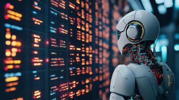 A futuristic robot interacting with a digital data interface. photo