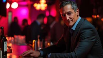 A confident man enjoying a drink in a vibrant bar atmosphere. photo
