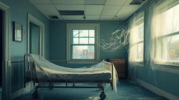 An abandoned hospital room with an eerie atmosphere and cobwebs. photo
