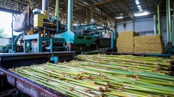 Sugarcane processing factory with machinery and harvested stalks. photo