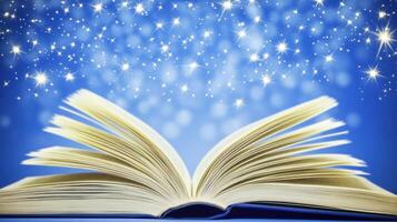 An open book with sparkling stars, evoking a sense of magic and imagination. photo