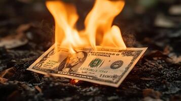 A burning dollar bill amidst smoke and ash, symbolizing financial loss. photo