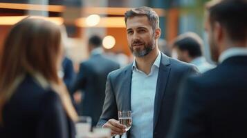 Professionals networking at a modern business event, engaged in conversation. photo