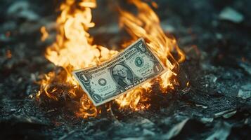 A dollar bill engulfed in flames, symbolizing financial loss and despair. photo