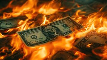 A dramatic image of burning money amidst intense flames. photo
