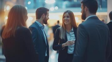 Professionals engaged in a lively networking conversation at a corporate event. photo