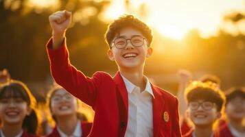 A joyous group of students celebrating at sunset. photo