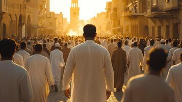 A large crowd of men walking towards a mosque during a warm sunset. photo