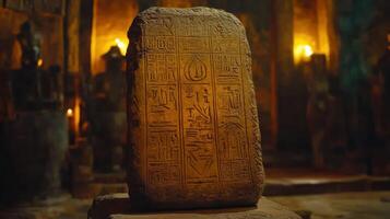 Ancient stone tablet with hieroglyphs, illuminated in a mysterious atmosphere. photo