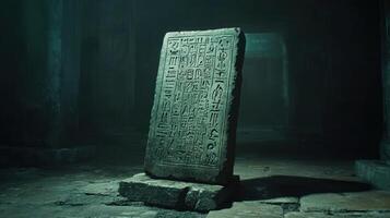 An ancient stone tablet with hieroglyphics in a dark, mysterious setting. photo