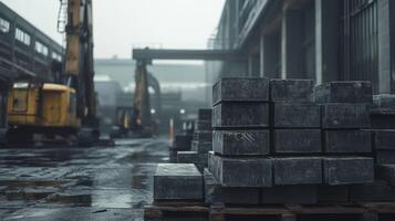An industrial site with stacked steel blocks in a foggy atmosphere. photo
