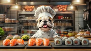 A cheerful pug chef preparing sushi in a vibrant kitchen. photo
