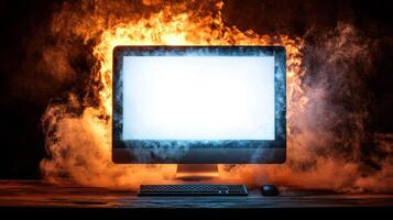 A dramatic scene of a computer monitor engulfed in flames and smoke. photo