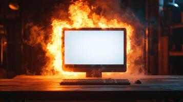 A burning computer monitor surrounded by flames and smoke. photo