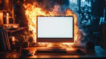 A computer engulfed in flames on a desk, creating a dramatic scene. photo